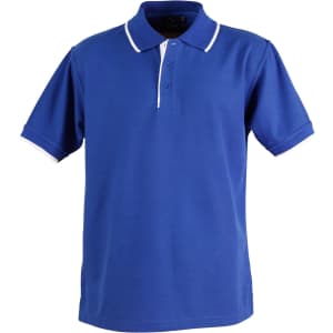 A blue polo shirt with a three-button placket and white trim on the collar and sleeves, featuring a logo.