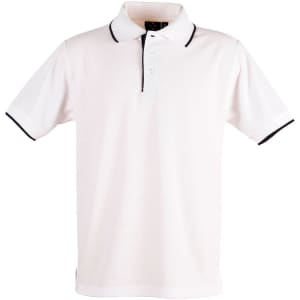 A white polo shirt with black collar and sleeve trim, featuring a logo on the chest area.