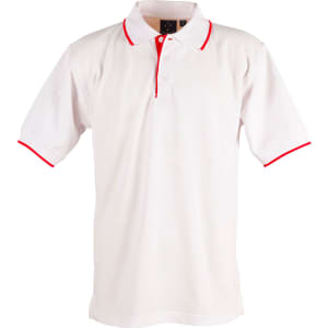 A white polo shirt with red accents and a collar, featuring a logo on the chest.