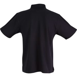 A black short sleeve polo shirt, featuring a collar and a tag on the back.
