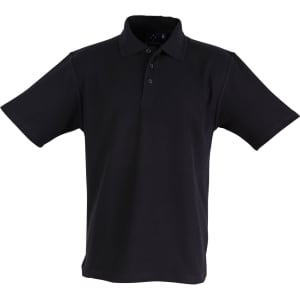 A black unisex traditional polo shirt with short sleeves and a collar, featuring a logo on the front.