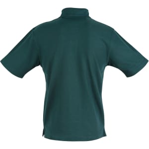 A dark green short sleeve polo shirt with a collar and a logo. The back features a simple design.