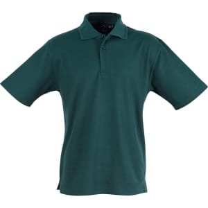 A dark green unisex traditional polo shirt with a collar and short sleeves. It features a logo on the chest area.