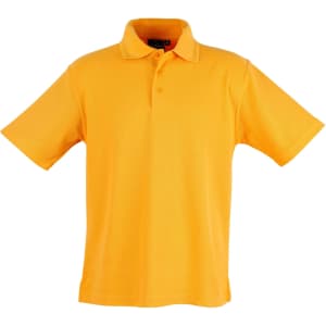 A unisex traditional polo shirt in vibrant yellow with a three-button placket and short sleeves. It features a logo.
