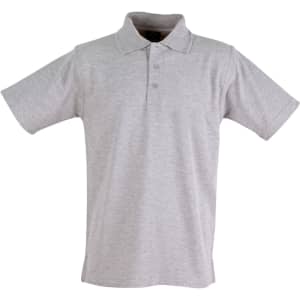 A unisex traditional polo shirt in light grey with a collar and three-button placket, featuring a logo.