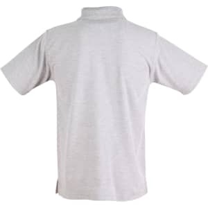 A grey short sleeve polo shirt featuring a collar and a logo on the side.