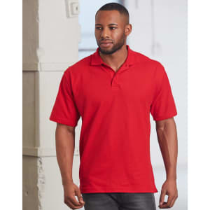 A red unisex traditional polo shirt displayed on a model, featuring a branding logo.
