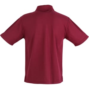 A burgundy short sleeve polo shirt with a back view and a logo on the fabric.