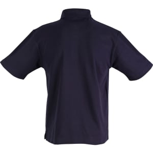 A navy blue pocket short sleeve polo shirt with a back view and a logo.