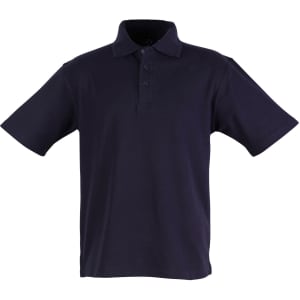 A navy unisex traditional polo shirt with a collared neck and button placket. Features a logo on the chest.