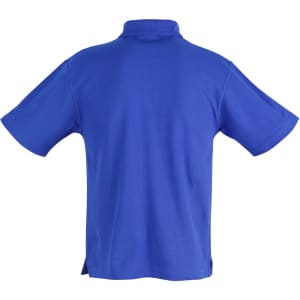 A blue short sleeve polo shirt with a back view, featuring a collar and side slits. It also has a logo.