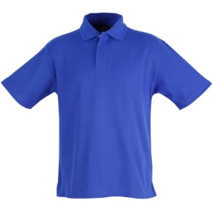 A unisex traditional polo shirt in vibrant blue with a collar and short sleeves, featuring a logo.