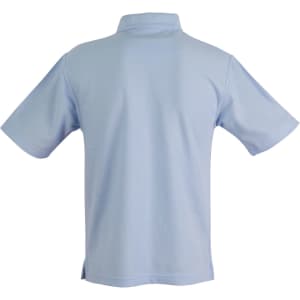 A light blue short sleeve polo shirt featuring a collar and a logo.