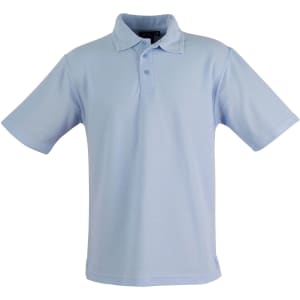 A light blue unisex traditional polo shirt with a classic collar and short sleeves, featuring a logo.