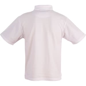 A white unisex traditional polo shirt with short sleeves and a collar. The back view displays a simple design with a logo.