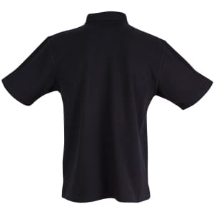 A black children's traditional polo shirt with short sleeves, featuring a collar and a logo on the back.