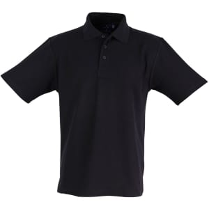A black children's traditional polo shirt with a collar and short sleeves, featuring buttons and a small logo.