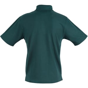 A dark green children's traditional polo shirt featuring a classic collar and short sleeves, with a logo on the chest.