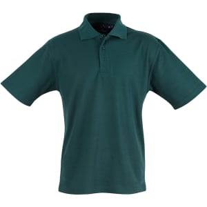 A green children's polo shirt with a classic collar and short sleeves, featuring a logo.