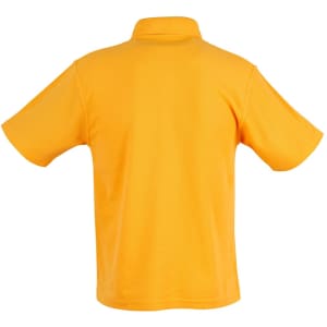 A yellow children's traditional polo shirt with a collar and short sleeves, featuring a logo.