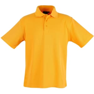 A bright yellow children's polo shirt featuring a collar and short sleeves, with a front placket and a logo.