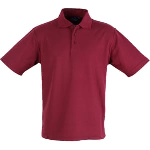 A maroon children's traditional polo shirt with a collar and short sleeves, featuring a logo.