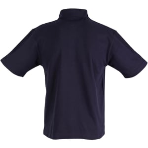 A children's traditional polo shirt in navy, featuring short sleeves and a collar, with a logo on the back.