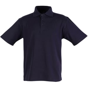 A navy blue children's polo shirt with a collar and short sleeves, featuring three buttons and a logo.