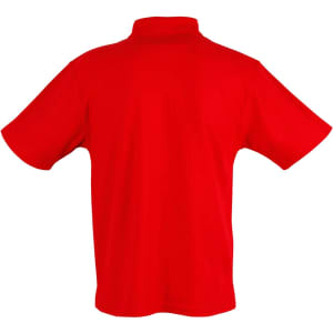 A red children's traditional polo shirt featuring a classic collar and short sleeves, with a logo on the front.