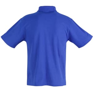 A blue children's traditional polo shirt with a collar and short sleeves, featuring a logo.