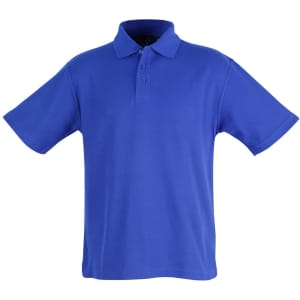 A blue children's polo shirt featuring short sleeves and a classic collar, with a button placket and branding.