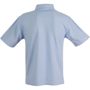 A light blue children's traditional polo shirt with a collar and short sleeves. It has a logo on the back.