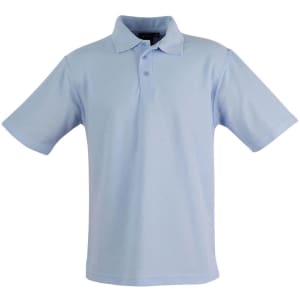A light blue children's traditional polo shirt with a collar, short sleeves, and three buttons, featuring a logo.