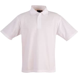 A white traditional polo shirt with a collar and short sleeves, featuring a logo on the chest.