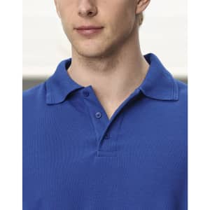 A close-up of a blue unisex long sleeve polo shirt with a classic collar and a logo on the chest.