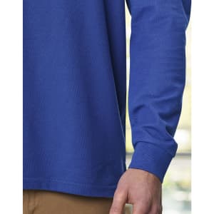 A close-up of a blue unisex long sleeve polo shirt, featuring a simple design and a branded logo.