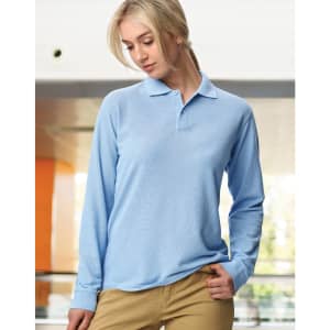 A light blue unisex long sleeve polo shirt made from poly/cotton pique, featuring a collar and a logo.