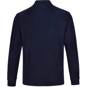 A navy unisex long sleeve polo shirt made from poly/cotton pique fabric, featuring a collar and cuffs.