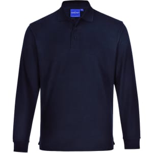 A dark navy unisex traditional poly/cotton pique long sleeve polo shirt with a logo on the collar.