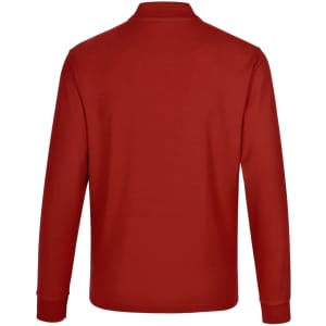 A red unisex long sleeve polo shirt made from poly/cotton pique fabric, featuring a collar and a logo.