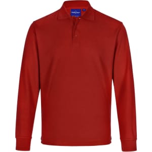 A unisex long sleeve polo in a rich red colour, featuring a classic collar and a logo on the chest.