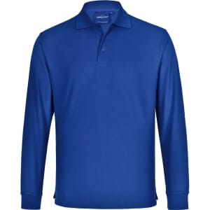 A blue unisex long sleeve polo shirt made from poly/cotton, featuring a collar and a logo.