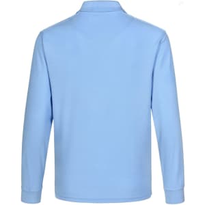 A blue unisex long sleeve polo shirt with a collar and a logo on the back.