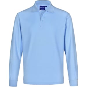 A light blue unisex long sleeve polo shirt made from poly/cotton pique fabric with a collar and a logo.