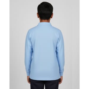 A back view of a light blue long-sleeved polo shirt with a collar, featuring a logo.