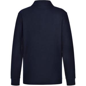 A navy long-sleeved polo shirt made from 240gsm poly/cotton blend, featuring a collar and a logo on the back.