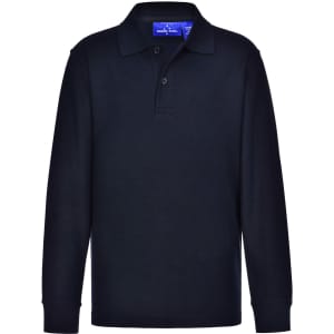 A navy long sleeve polo shirt made from traditional poly/cotton pique knit, featuring a collar and three buttons.