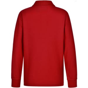 A red long sleeve polo shirt made from poly/cotton pique knit, featuring a collar and a logo.