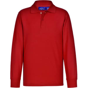 A red long sleeve polo shirt made from poly/cotton pique knit, featuring a collar and a button placket.