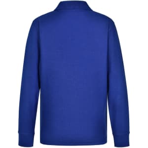 A blue long sleeve polo shirt made of poly/cotton fabric, featuring a collar and a logo.